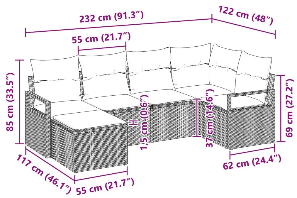 6 Részes Kerti Kanapé Szett Párnákkal Barna Poly Rattan, 2-Fős Kerti Kanapé Párnákkal Barna Poly Rattan