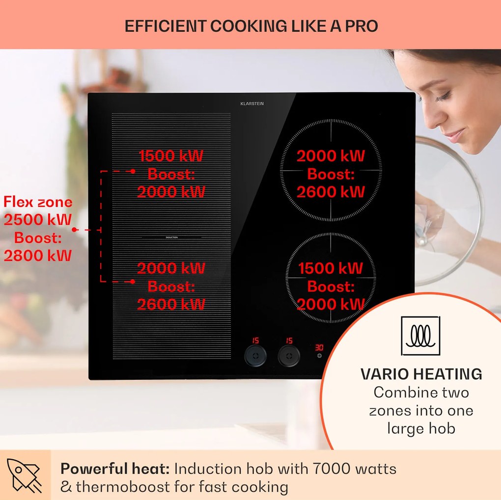Klarstein Magnichef 4 Flex, beépített indukciós főzőlap,7000 W, 4 zóna, üvegkerámia