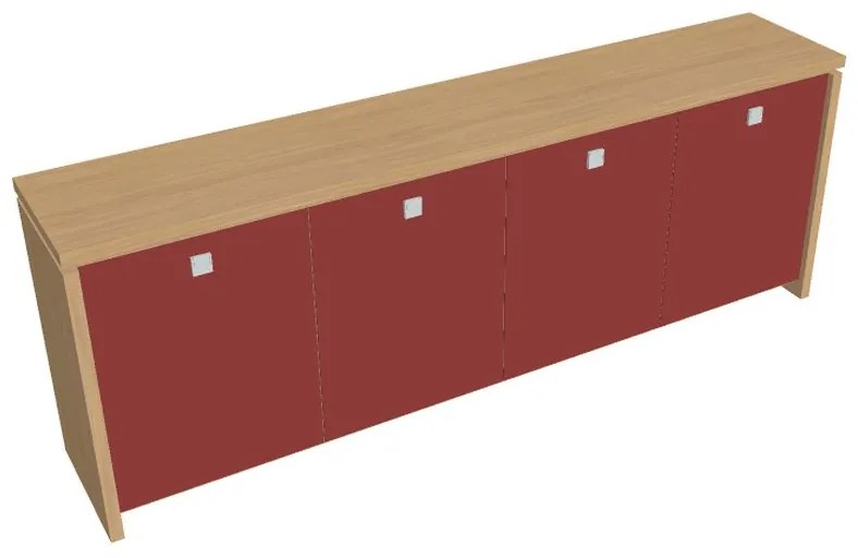 Verno alacsony szekrény 248 x 46 x 90 cm, üvegajtó, világos tölgy / piros