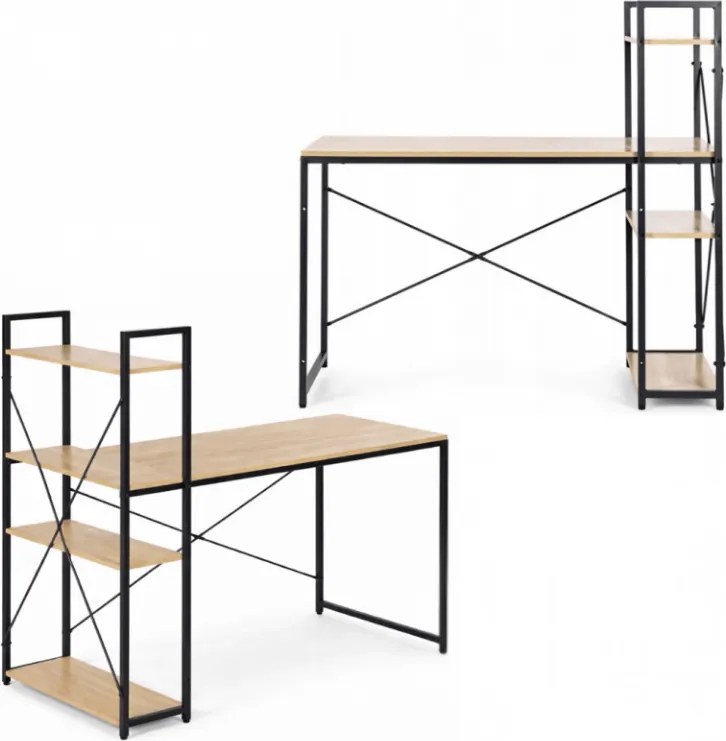 Íróasztal polccal LOFTY 120x60 cm, fekete / tölgy dekoráció