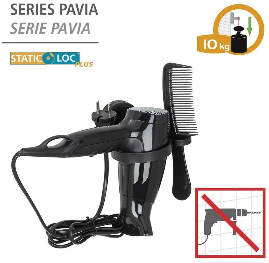 Static-Loc® Pavia fekete fali hajszárító tartó - Wenko