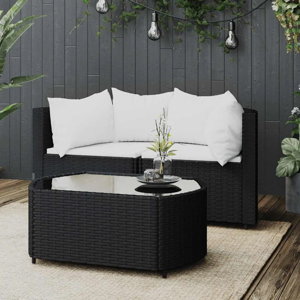 3 részes fekete polyrattan kerti ülőgarnitúra párnákkal