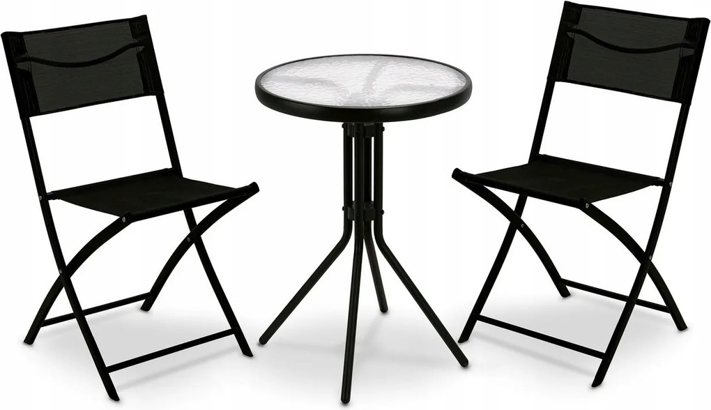 Kerti bútor szett 50cm-es kerek üveg asztal és 2 db összecsukható szék