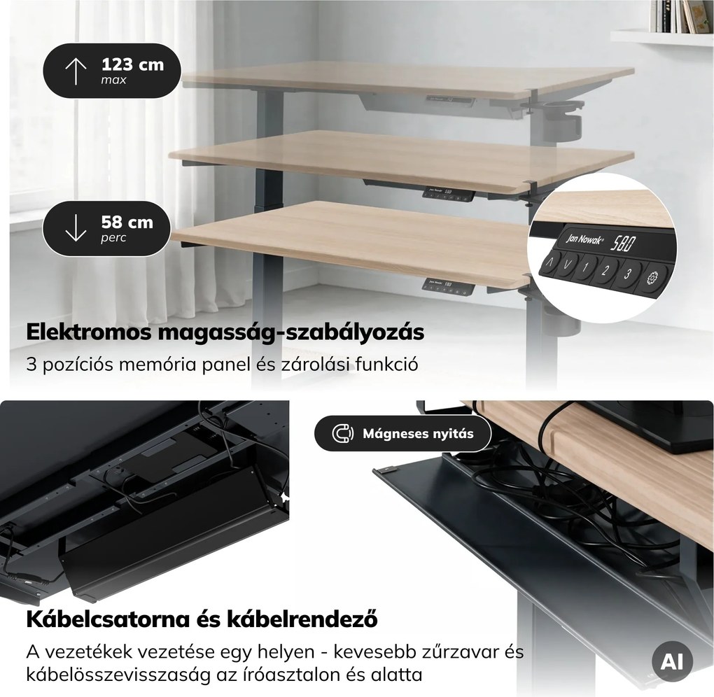 Elektromos íróasztal magasságállítással ergonomikus antracit/sonoma tölgy,1200x600 mm: ARIA