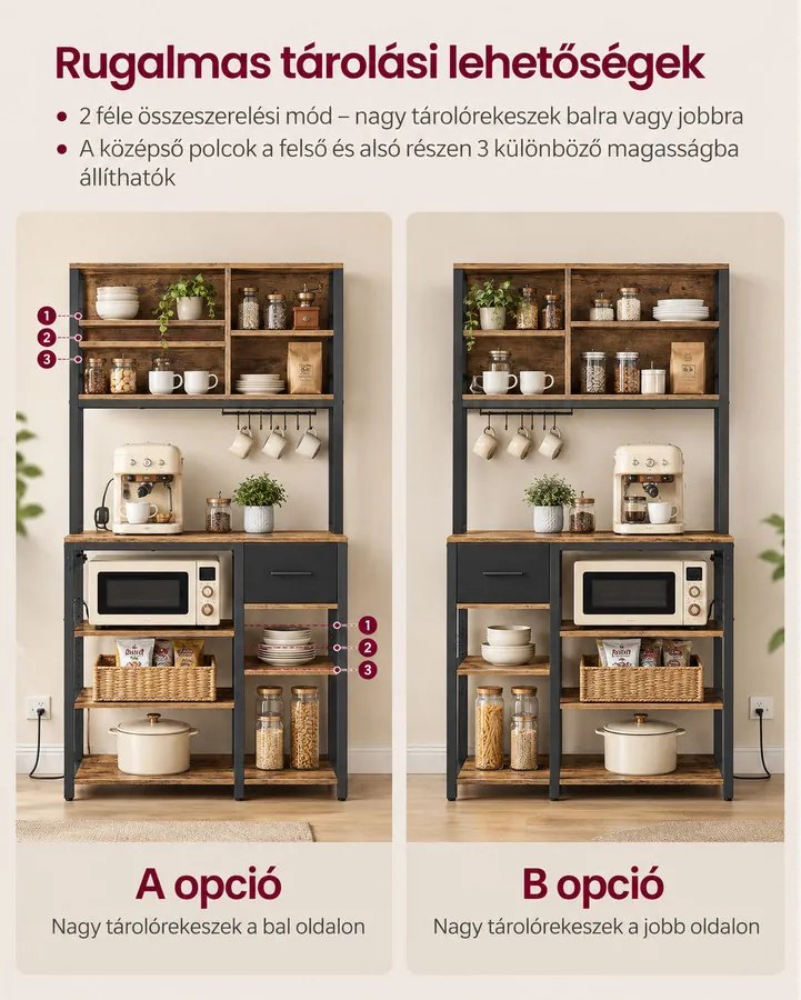 Konyhai polc konnektorokkal, állópolc, 40 × 80 × 180,4 cm, vintage barna–fekete színben
