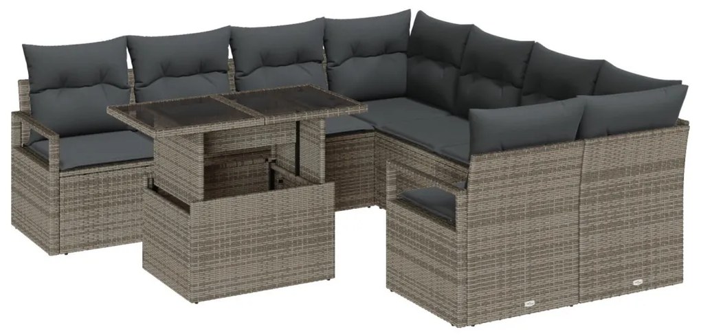9 darabos kerti kanapé szett párnákkal, szürke, poli rattan, 2 fős kerti kanapé párnákkal, szürke, poli rattan