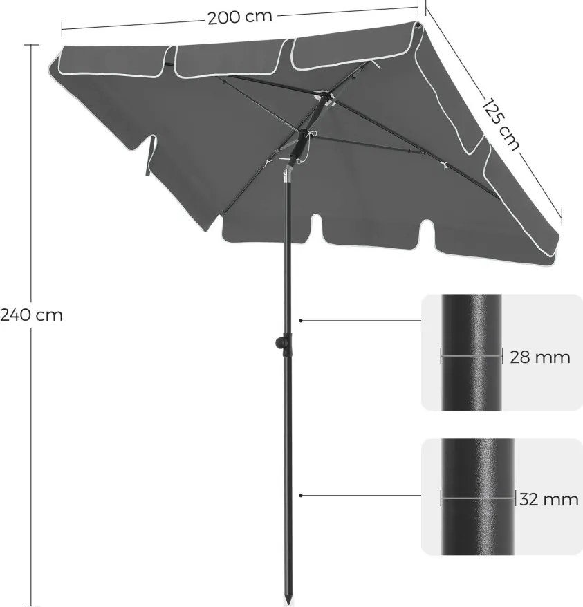 Napernyő erkélyre, dönthető, 2x1,25 m, UPF 50+, szürke