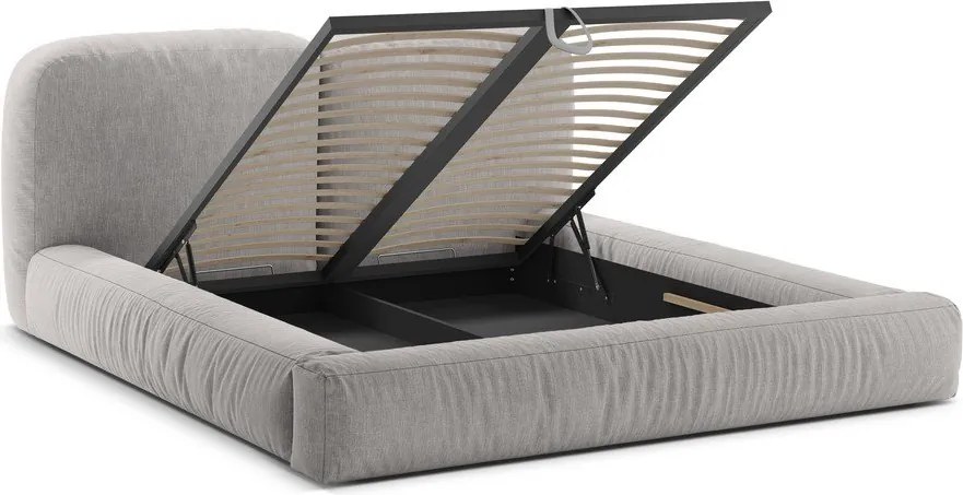 Világosszürke kárpitozott ágyneműtartós franciaágy ágyráccsal 200x200 cm Martina – Micadoni