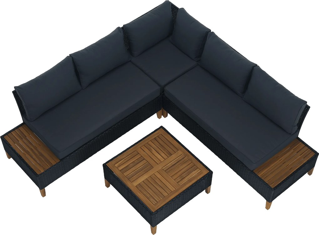 Kerti rattan szett, akácfa, fekete/szürke/természetes, MALKOM