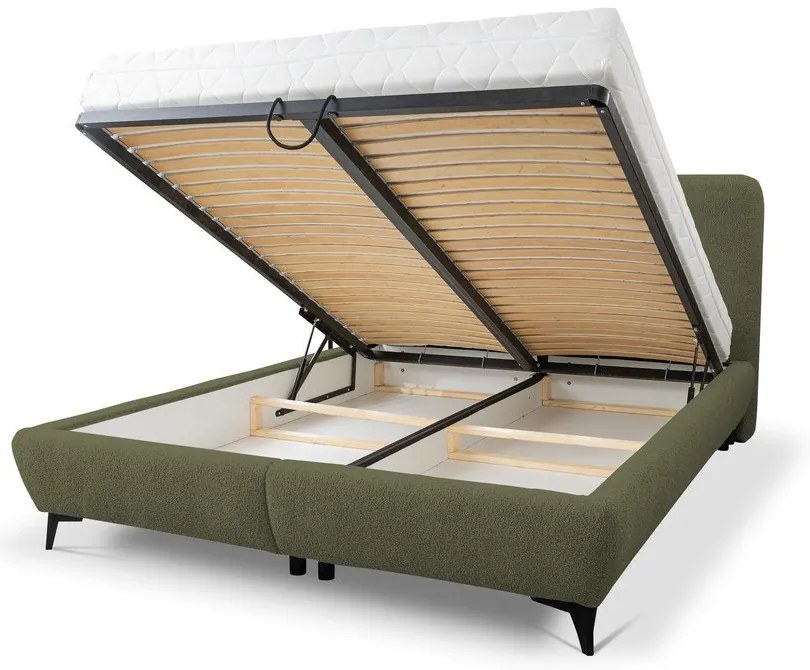 Zöld kárpitozott ágyneműtartós franciaágy ágyráccsal 140x200 cm Makapu – Makamii