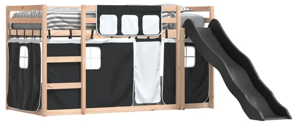 fehér-fekete emeletes ágy csúszdával és függönnyel 80 x 200 cm