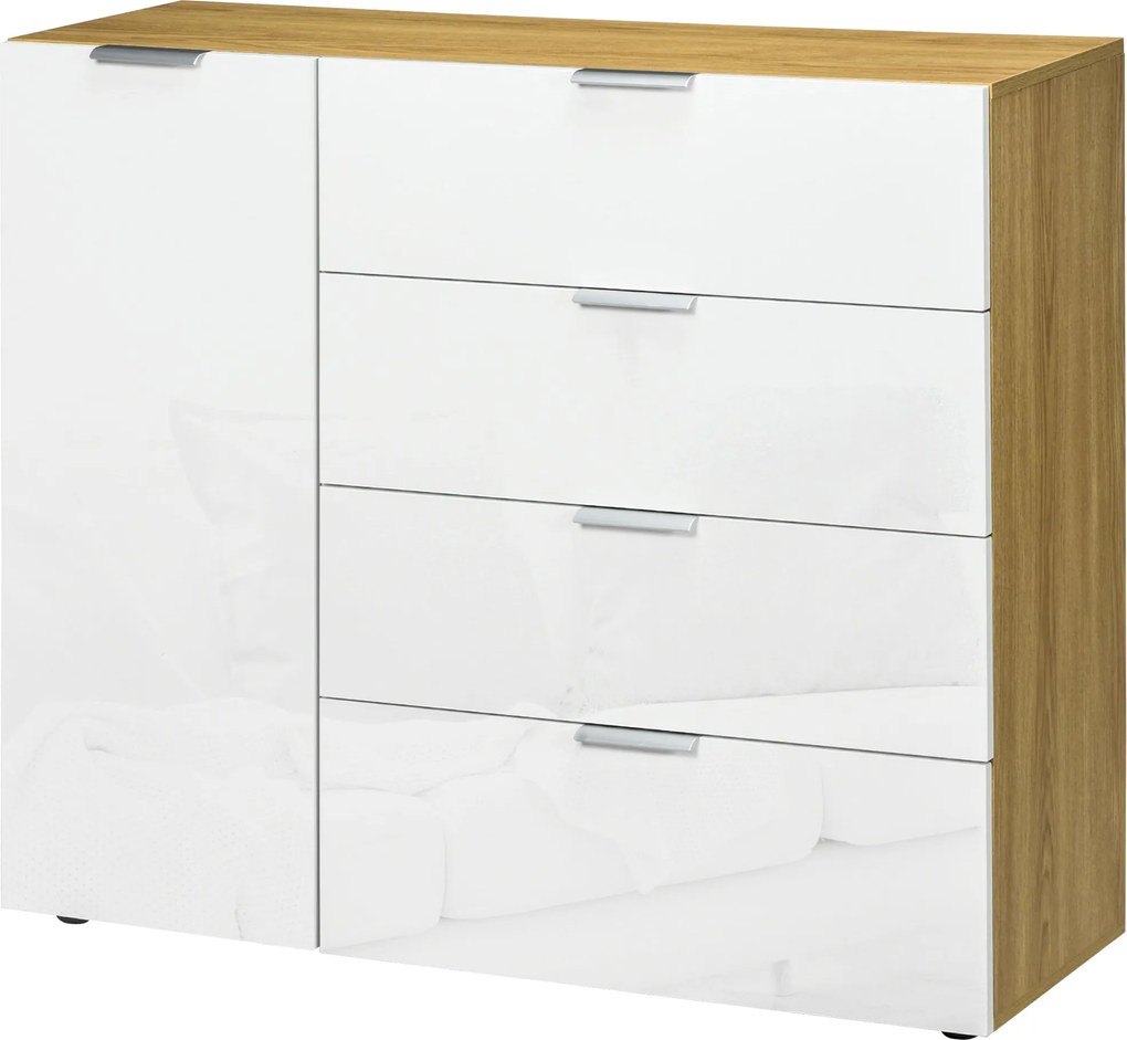 HOMCOM Hálószoba Komód Nappali Bútor 4 Magas Fényű Fiókkal és Állítható Polcokkal Étkezőbe 105x35x92 cm Fehér és Natur | Aosom