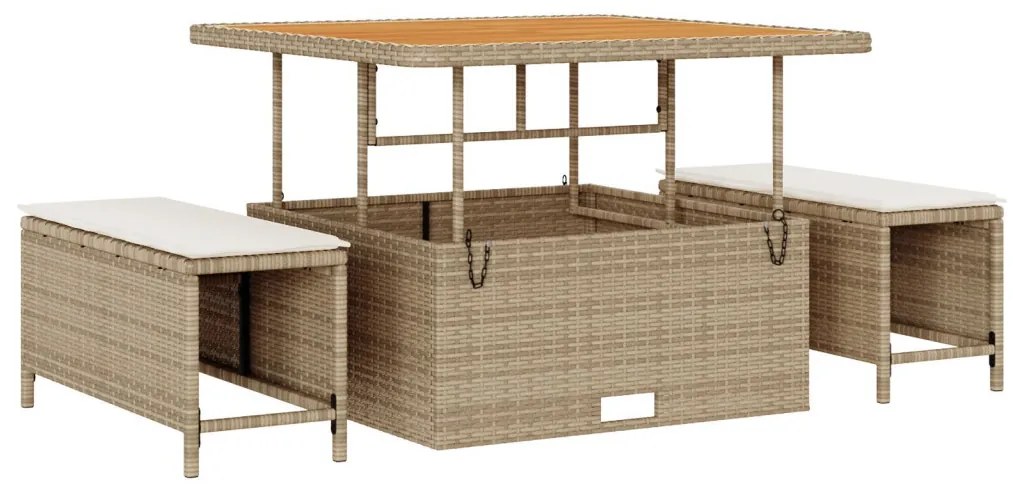 11 darabos kertiszófa szett párnákkal Bézs Poli Rattan Akácia, 2 üléses kertiszófa tárolóval és párnákkal Bézs Poli Rattan, 3 darabos kert étkező szett párnákkal Bézs Poli Rattan Akácia