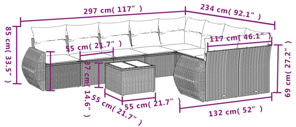 10 részes világosszürke polyrattan kerti ülőgarnitúra párnákkal