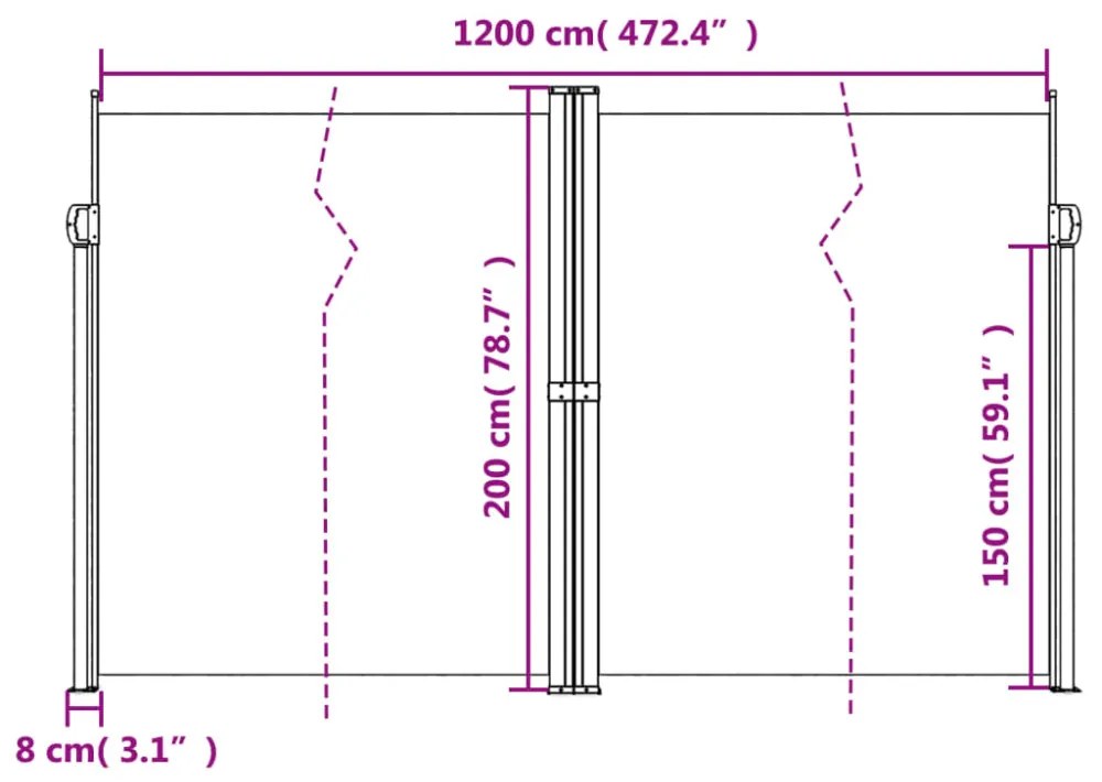 bézs behúzható oldalsó napellenző 200 x 1200 cm