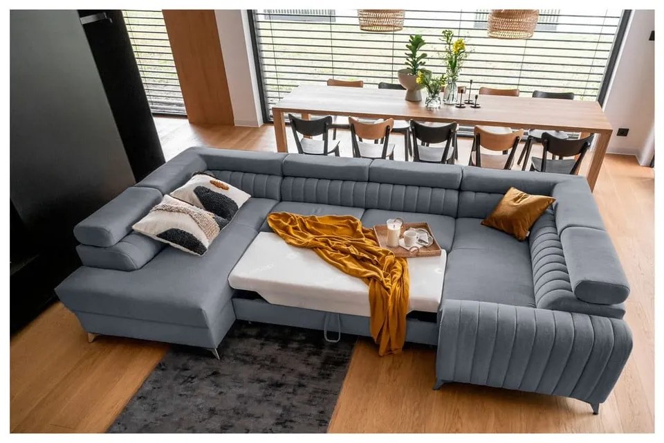 Kék kinyitható-tárolóhelyes sarokkanapé (bal oldali-U alakú) Louis – ELTAP