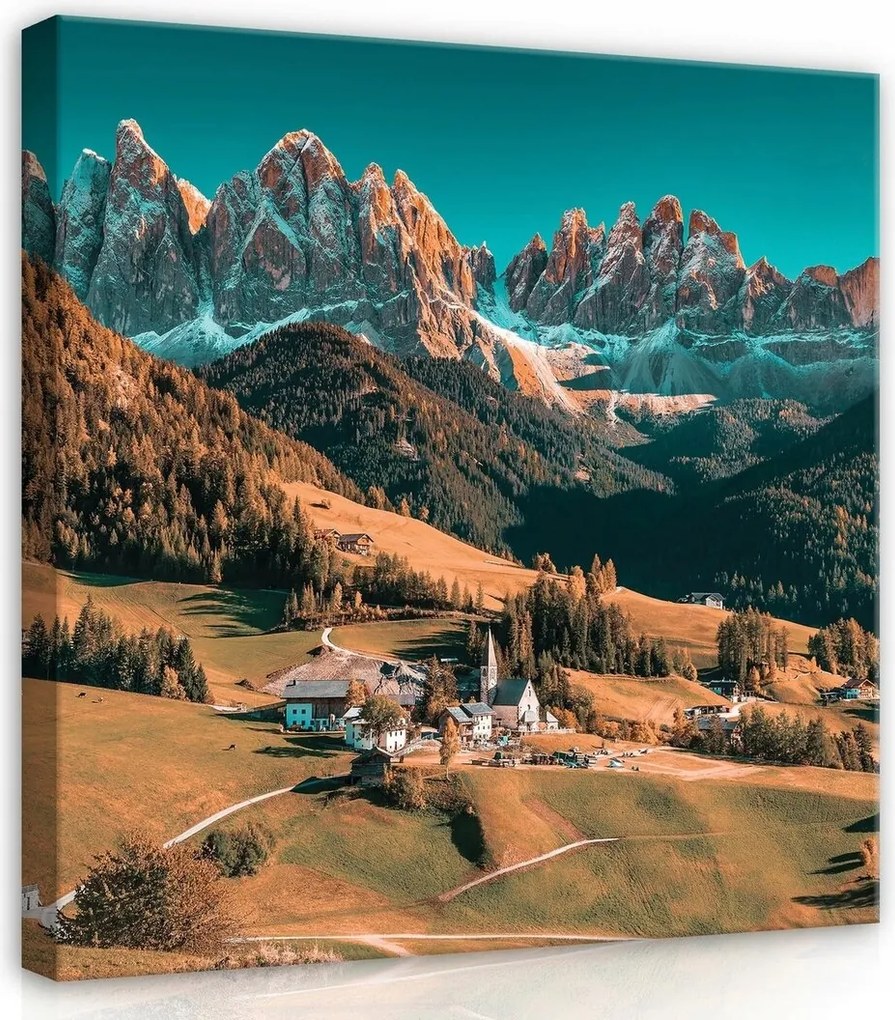 Vászonkép 80x80 Dolomitok Alpok hegyek völgy falu táj természet nyugalom