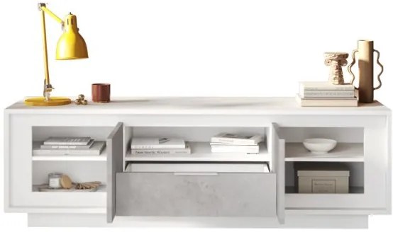 SKY 2.0 TV-szekrény 2 ajtóval és 1 fiókkal, fehér matt lakkozott vázzal, betonhatású laminált előlapokkal