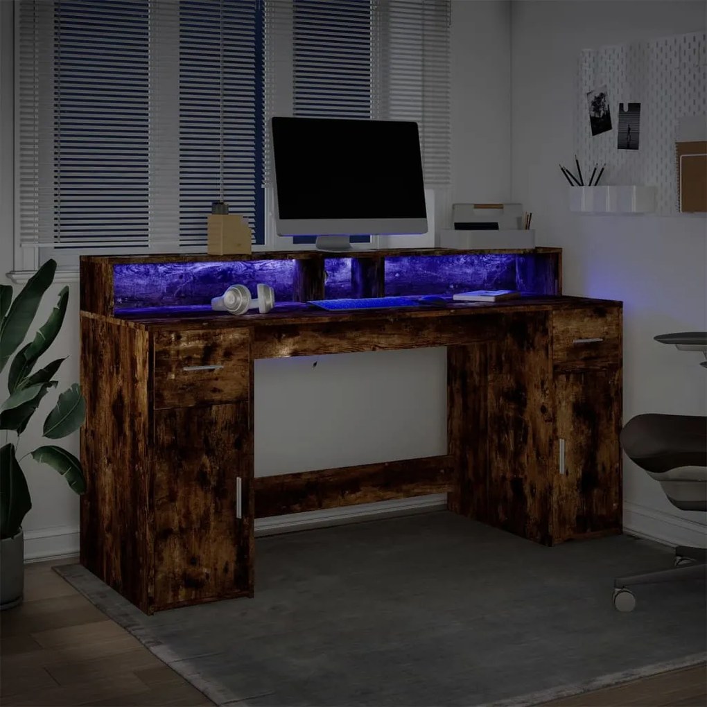 füstös tölgy színű szerelt fa íróasztal LED-ekkel 160x55x91 cm