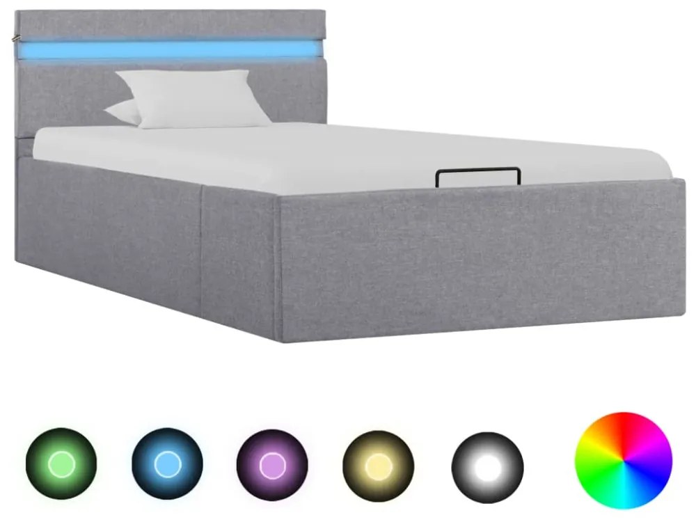 világosszürke szövet LED-es ágy hidraulikus tárolóval 90x200 cm