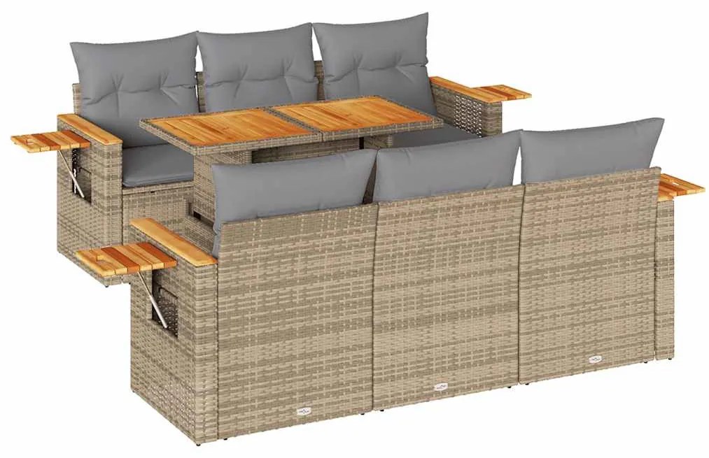 7 részes bézs polyrattan akácfa kerti ülőgarnitúra párnákkal