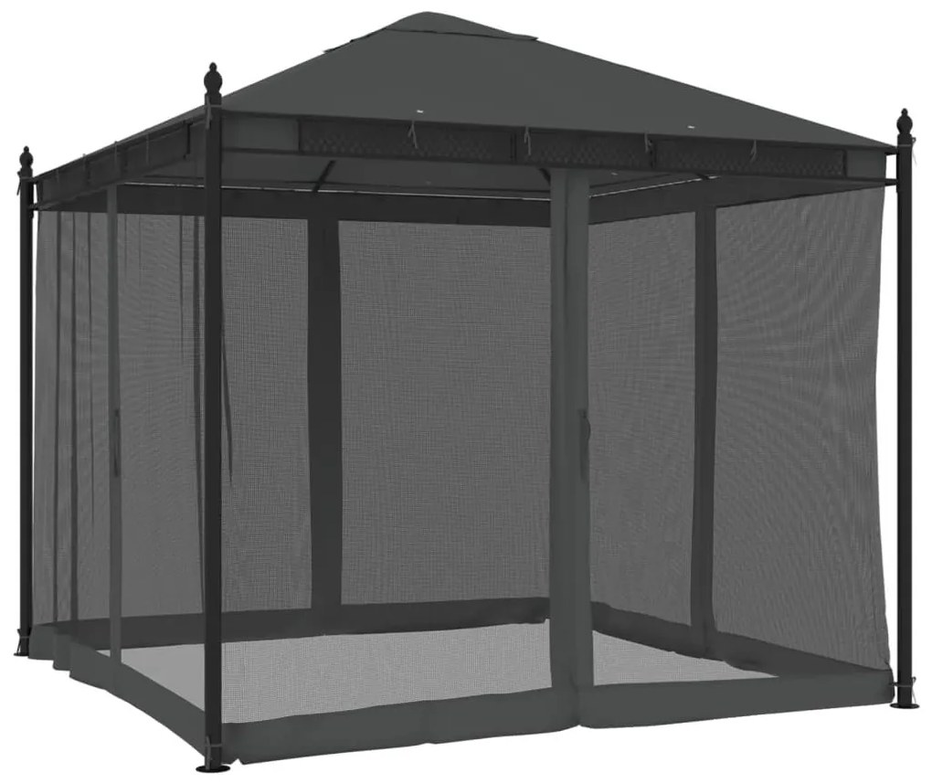 antracitszürke acél pavilon hálós oldalakkal 2,93 x 2,93 m