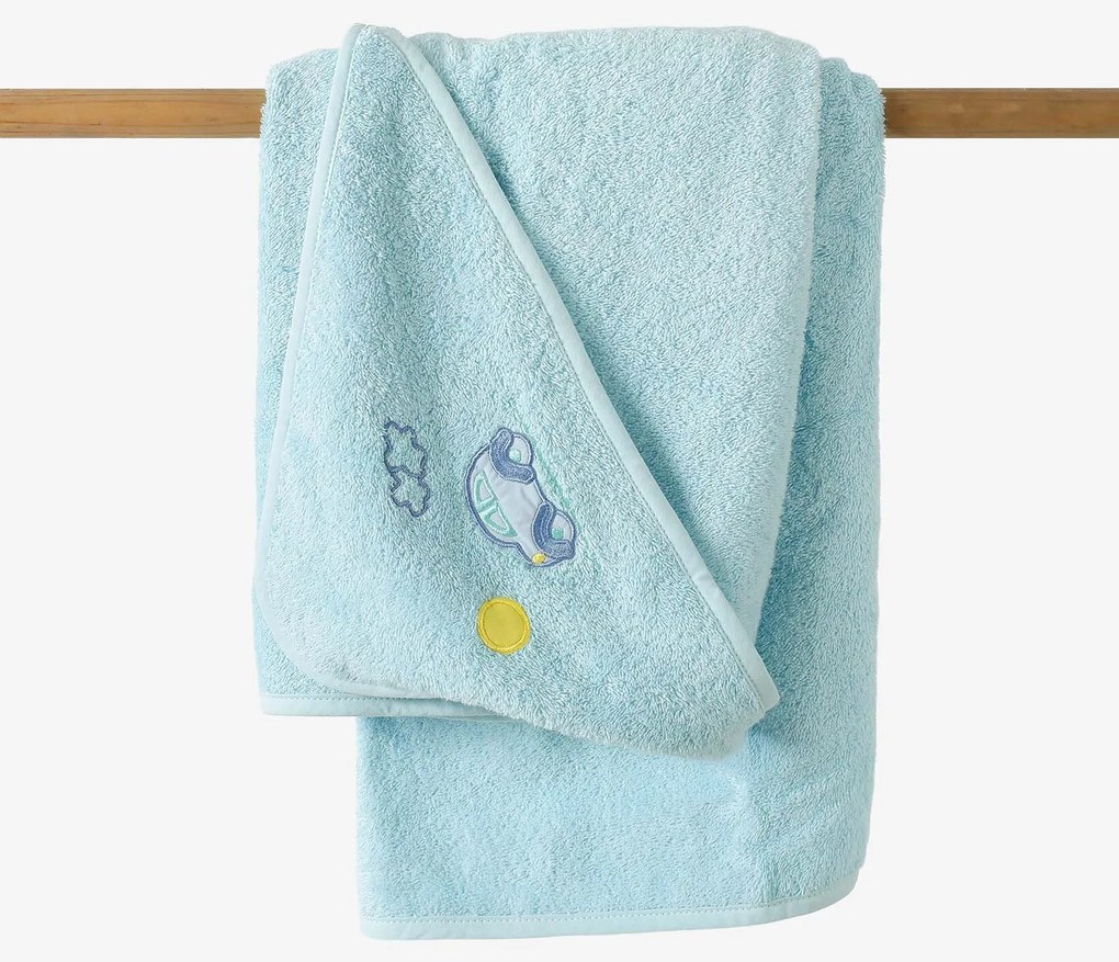 Goldea gyermek frottír fördőlepedő csuklyás - kék autócska 100 x 100 cm