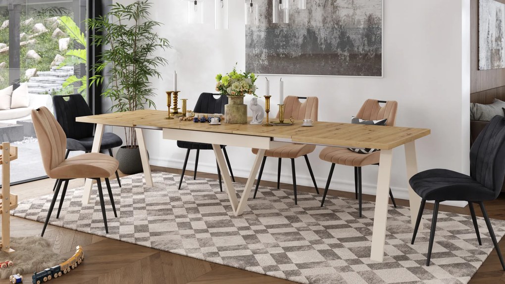 Mazzoni AVERY Artisan Tölgy/alja bézs (pezsgő) - BŐVÍTHETŐ LOFT/IPARI STÍLUSÚ ASZTAL NAPPALIBA/ÉTKEZŐBE - 2 MÉRET!
