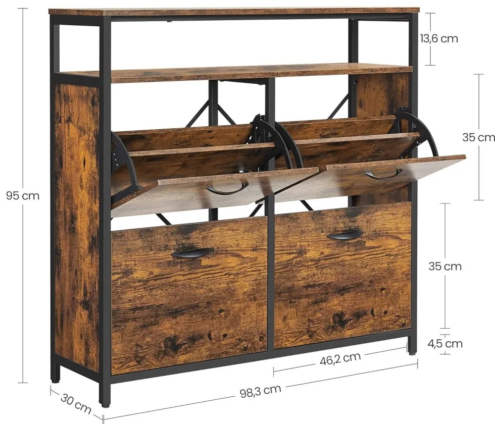 Cipős szekrény 4 ajtós 12-20 pár cipő tárolására, rusztikus barna 98x30x96cm