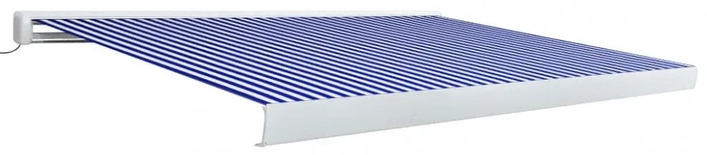 kék és fehér motorizált kazettás napellenző 450 x 300 cm