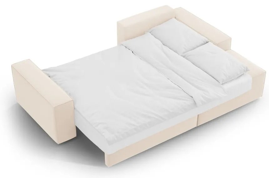 Bézs bársony kinyitható-tárolóhelyes sarokkanapé (jobb oldali-heverő résszel) Jodie – Micadoni