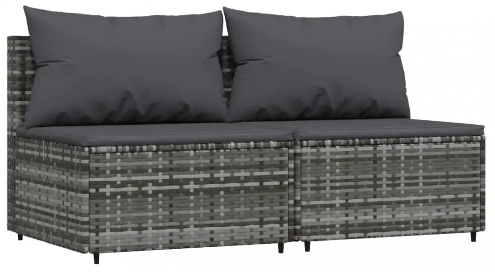 2 db szürke polyrattan kerti középső kanapé párnákkal
