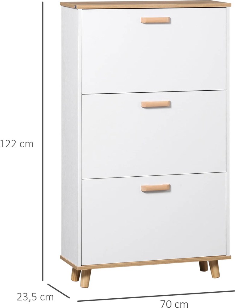 HOMCOM Skandináv Stílusú Cipőszekrény Cipőtartó 3 Felcsapható Ajtóval - Faerezet Hatás - 70 x 23.5 x 122 cm - Fehér | Aosom