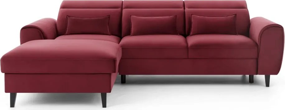 Piros bársony kinyitható-tárolóhelyes sarokkanapé (bal oldali-heverő résszel) Foble – ELTAP
