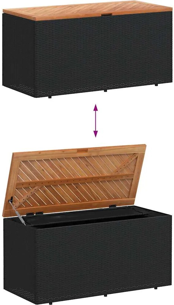Fekete Polyrattan És Akácfa Kerti Tárolóláda 110 X 50 X 54 Cm