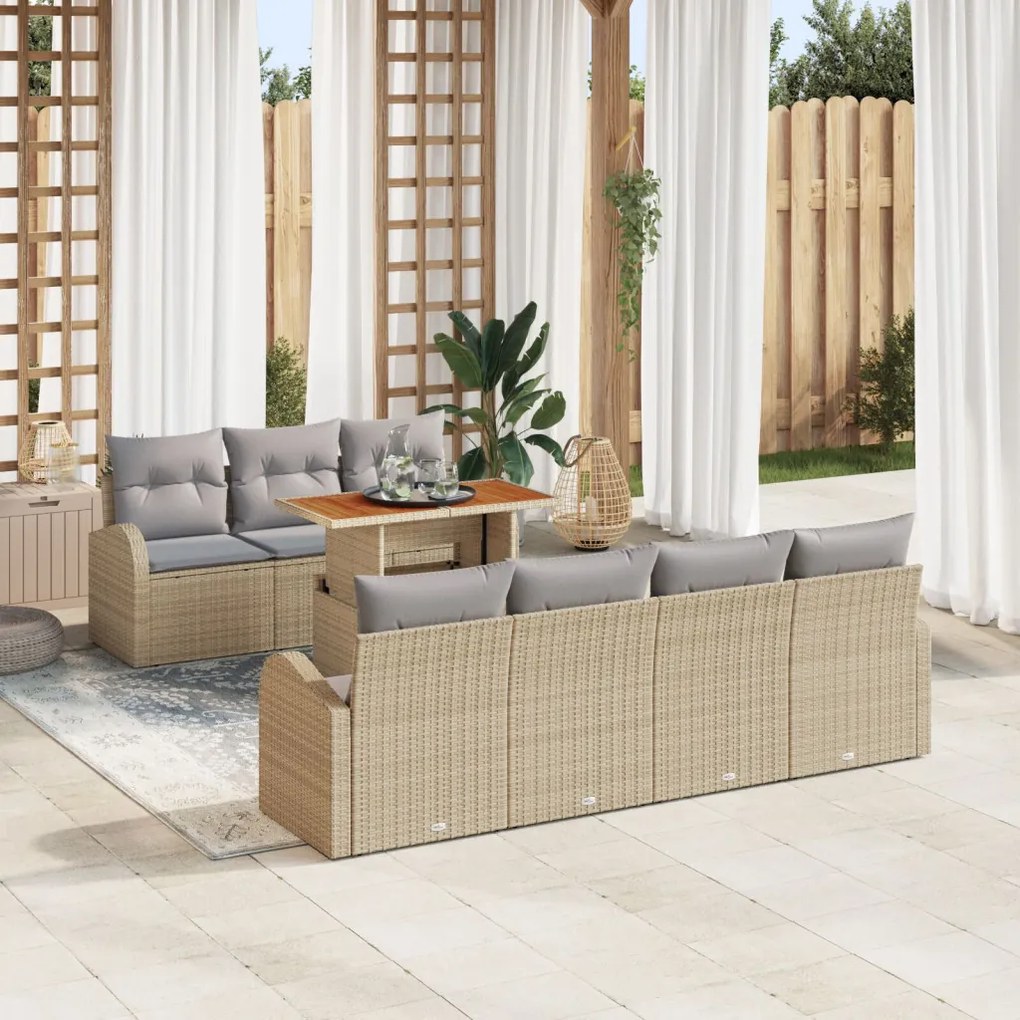 8 Részes Kert Sofaszett Párnákkal Bézs Poly Rattan, 2-Személyes Kert Sofa Tárolóval és Párnákkal Bézs Poly Rattan