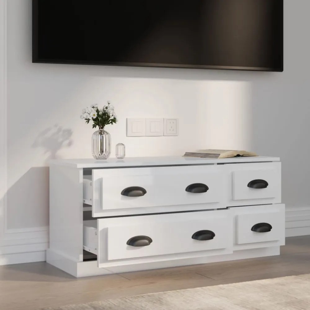 magasfényű fehér szerelt fa TV-szekrény 100 x 35,5 x 45 cm