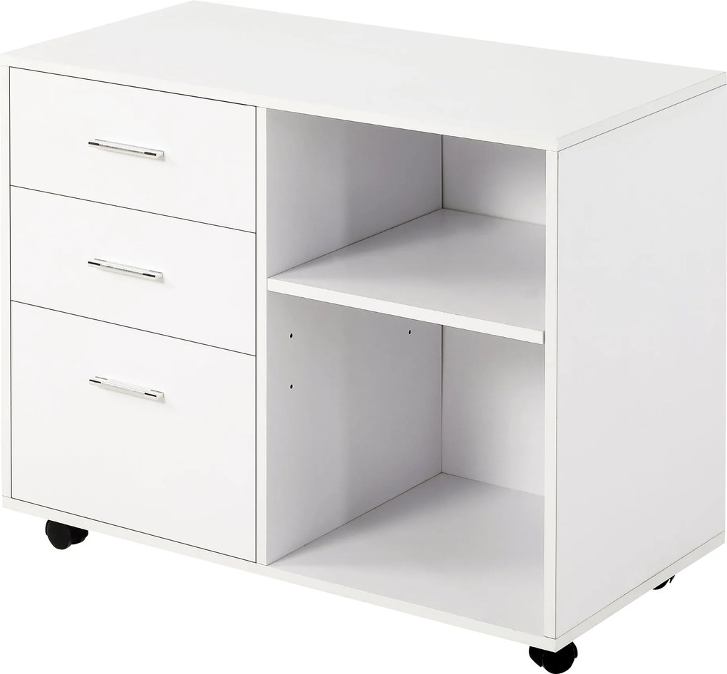 HOMCOM Nyomtató Állvány Nyomtató Asztal 3 Fiókkal Állítható Polccal Kerekekkel Nagy Tárolókapacitással 80x40x65 cm Fehér | Aosom