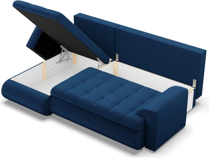 Tokio sarokkanapé, 2 ágyneműtartóval, bársony, baloldali, kék