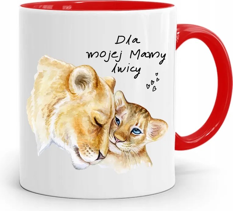 Piros Bögre Ajándék Oroszlán Anyukáknak, fényképes nyomattal