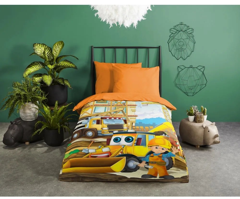 Narancssárga egyszemélyes pamut gyerek ágyneműhuzat 140x200 cm Building – Good Morning
