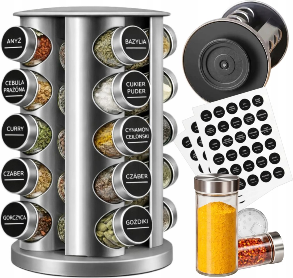 Fűszertartó Állvány Forgatható 16 Befőttesüveg Tartályok Üveg 95 Címke