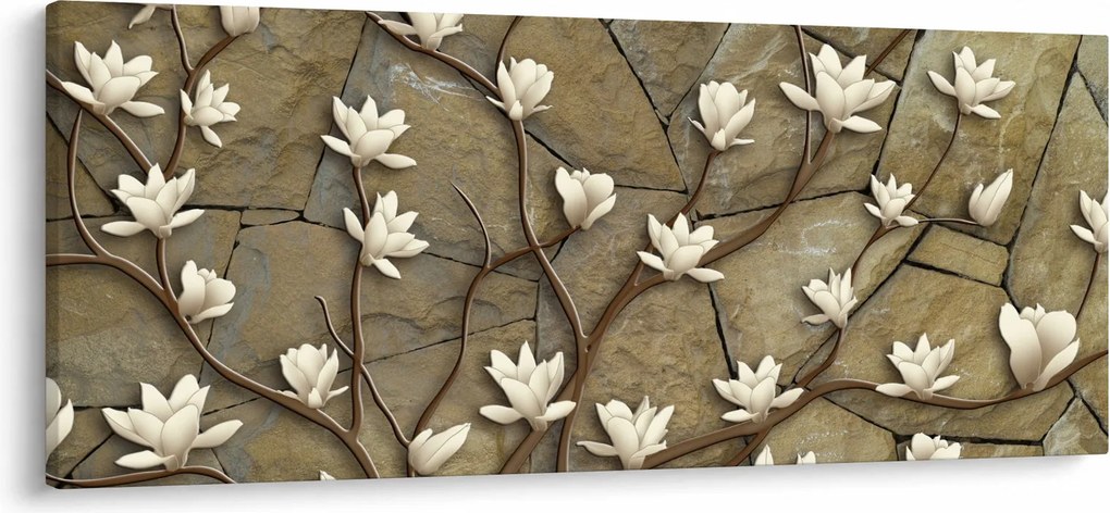 Kép - Fehér magnóliák kőfalazaton (120x50 cm)