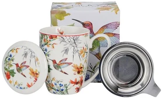 Kolibri madaras porcelán bögre fémszűrővel és tetővel - 350 ml virágos porcelán teás bögre fémszűrővel és tetővel - 350 ml