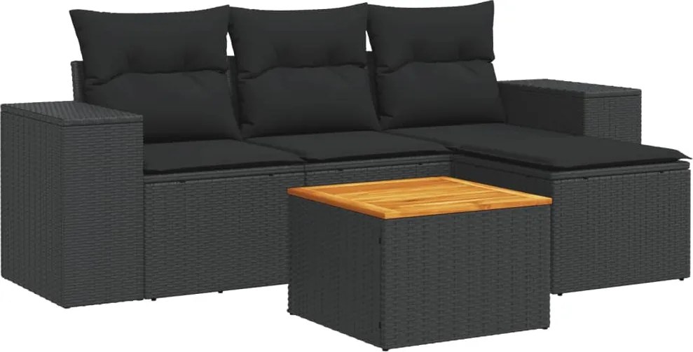 vidaXL 5 részes fekete polyrattan kerti kanapészett párnákkal