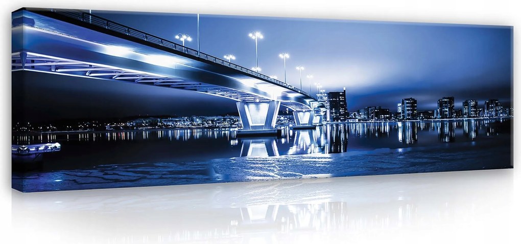 Vászonkép 145x45 Éjszakai város híd tükröződés víz fény mozgás dinamika