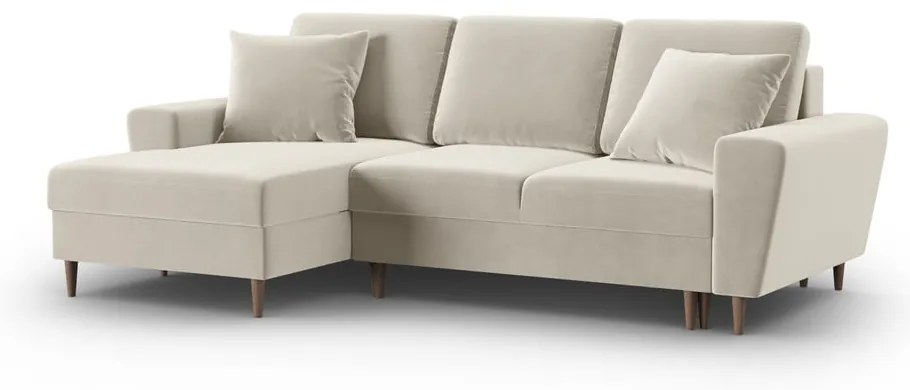 Bézs bársony kinyitható tárolóhelyes sarokkanapé (bal oldali-heverő résszel) Kyoto – Cosmopolitan Design