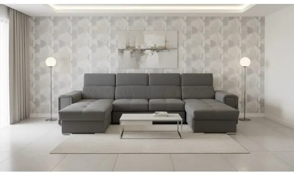 Ággyá nyitható ülőgarnitúra SALVADA, univerzális U-formájú sarokkal és tárolóhellyel, sötétszürke