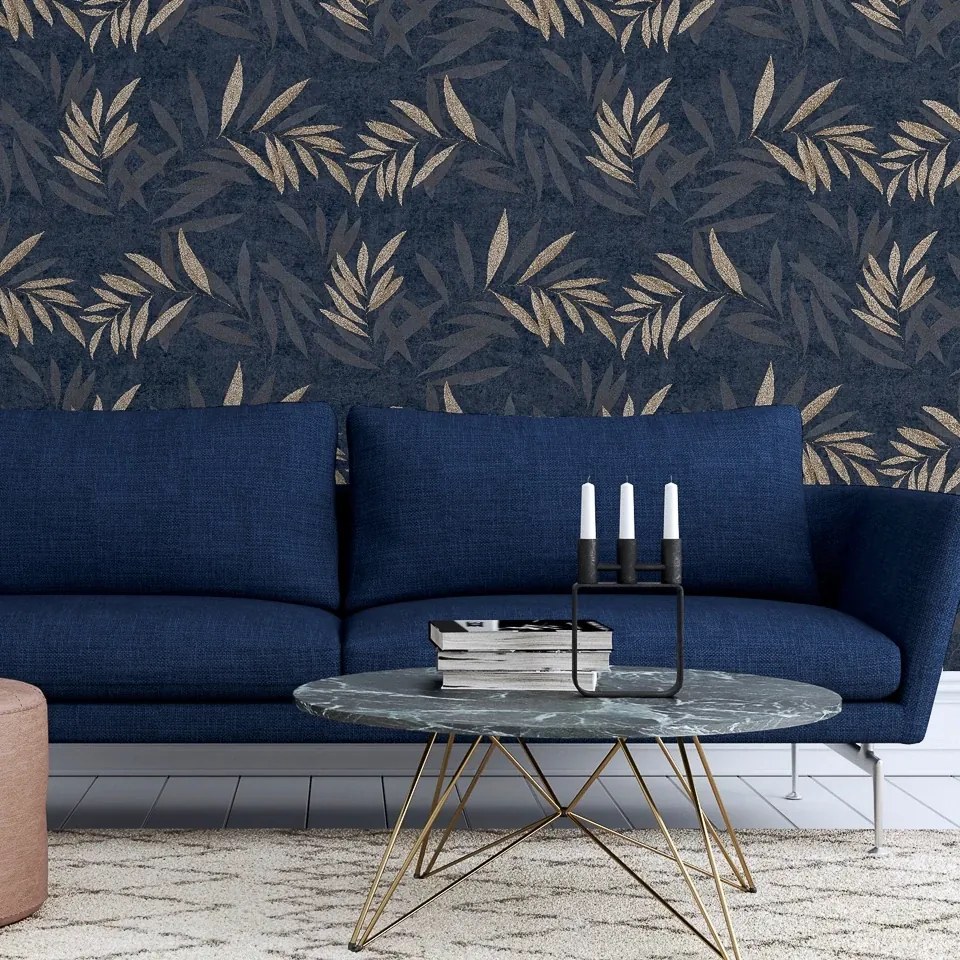 Arthouse Signature 1 Luxury Leaf arany-sötétkék leveles vlies tapéta – 299301