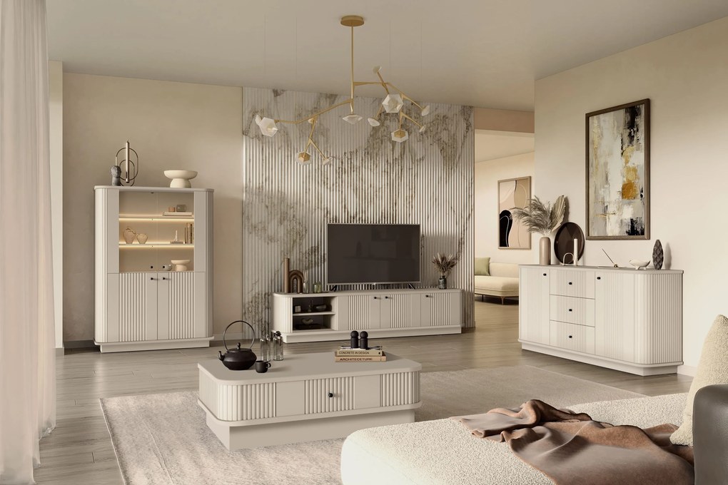 Vesper 3D TV-szekrény 187 cm lábazattal - kasmír / fekete fogantyúk